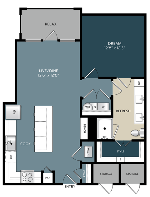 Floor plan for 1 bed, 1 bath, 778 sqft